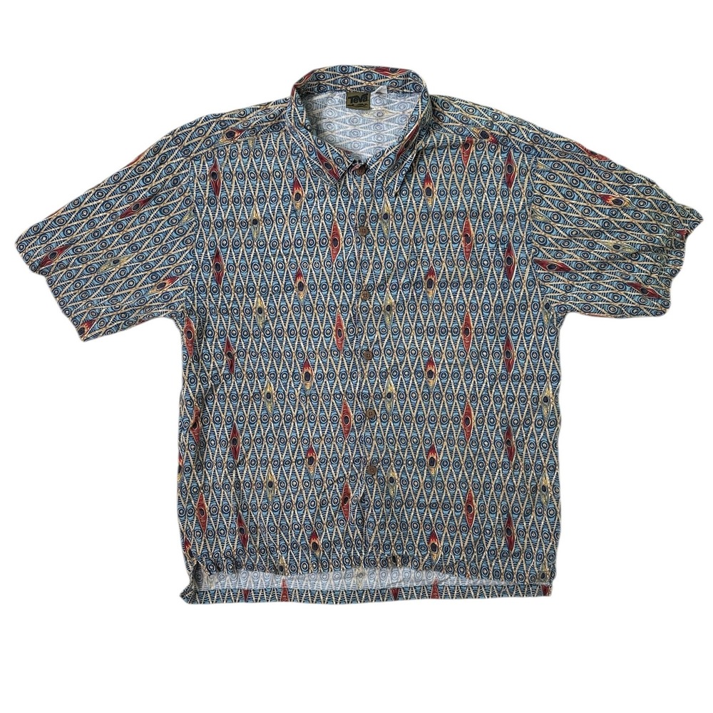 Vintage Teva Mens Blue Geometric Canoe Print Short‎ Sleeve Button Down Shirt L